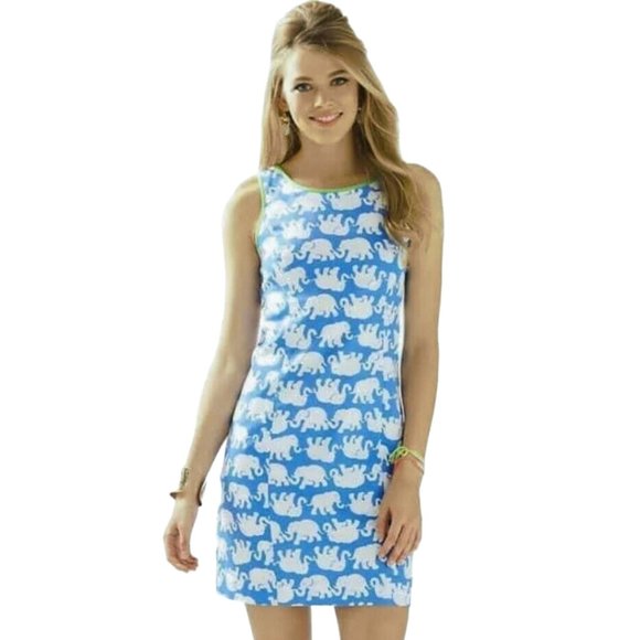 Lilly Pulitzer | Cathy Shift Dress Blue Tusk Elephant Pattern Tank Dress - Picture 1 of 8